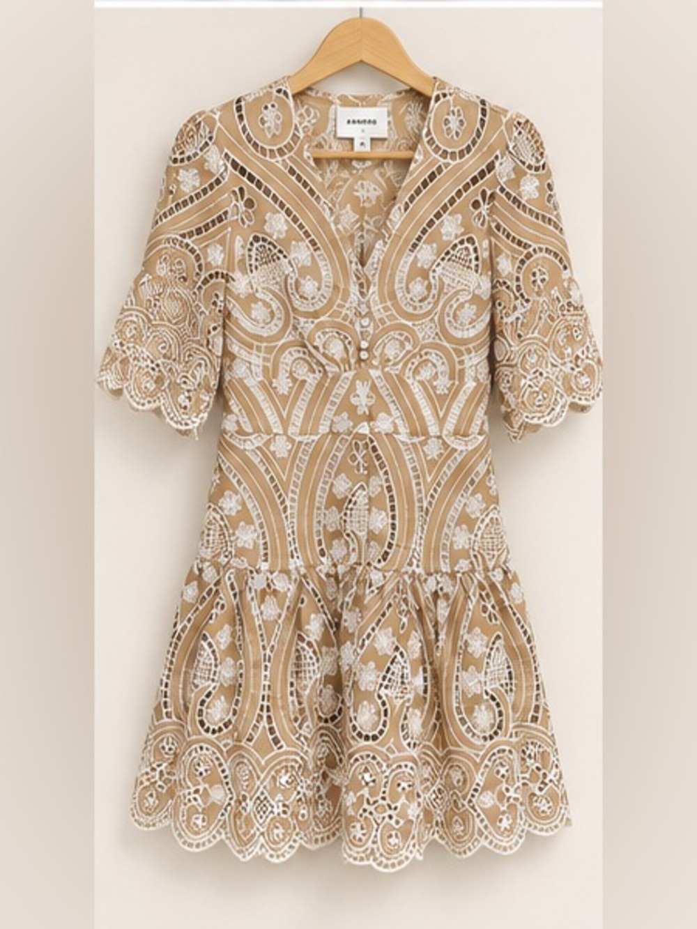 Sandro Beige White Embroidered Crochet Lace Dress Size 40